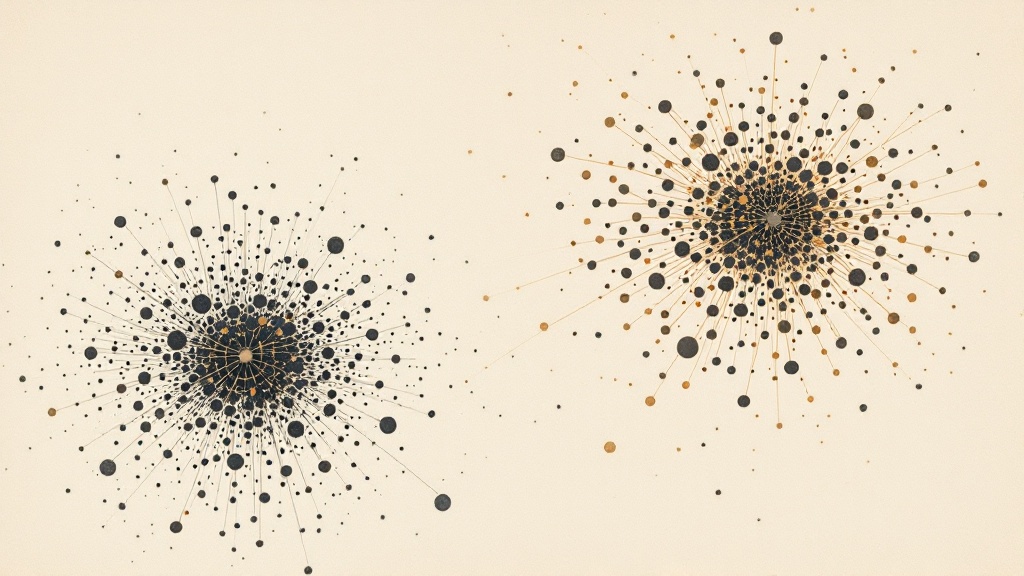 Deux amas de nœuds charbon côte à côte sur fond parchemin crème, l'un déjà dense à gauche, l'autre en formation à droite avec des filaments dorés qui s'étendent entre les deux, gravure éditoriale — abstraction du chantier commencé avant d'être nommé, puis nommé pendant qu'il continuait