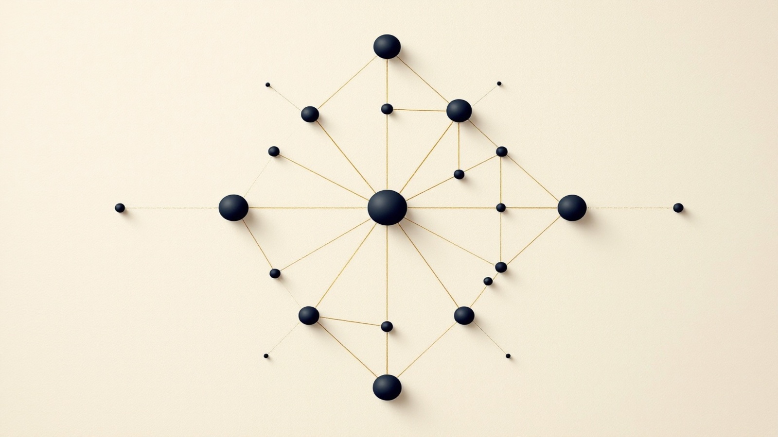 Éclatement radial depuis un point central unique, cinq rayons dorés et ambre se déployant vers cinq petits amas de nœuds charbon distincts, fond parchemin crème, gravure éditoriale — abstraction des cinq dimensions dans la même passe de production