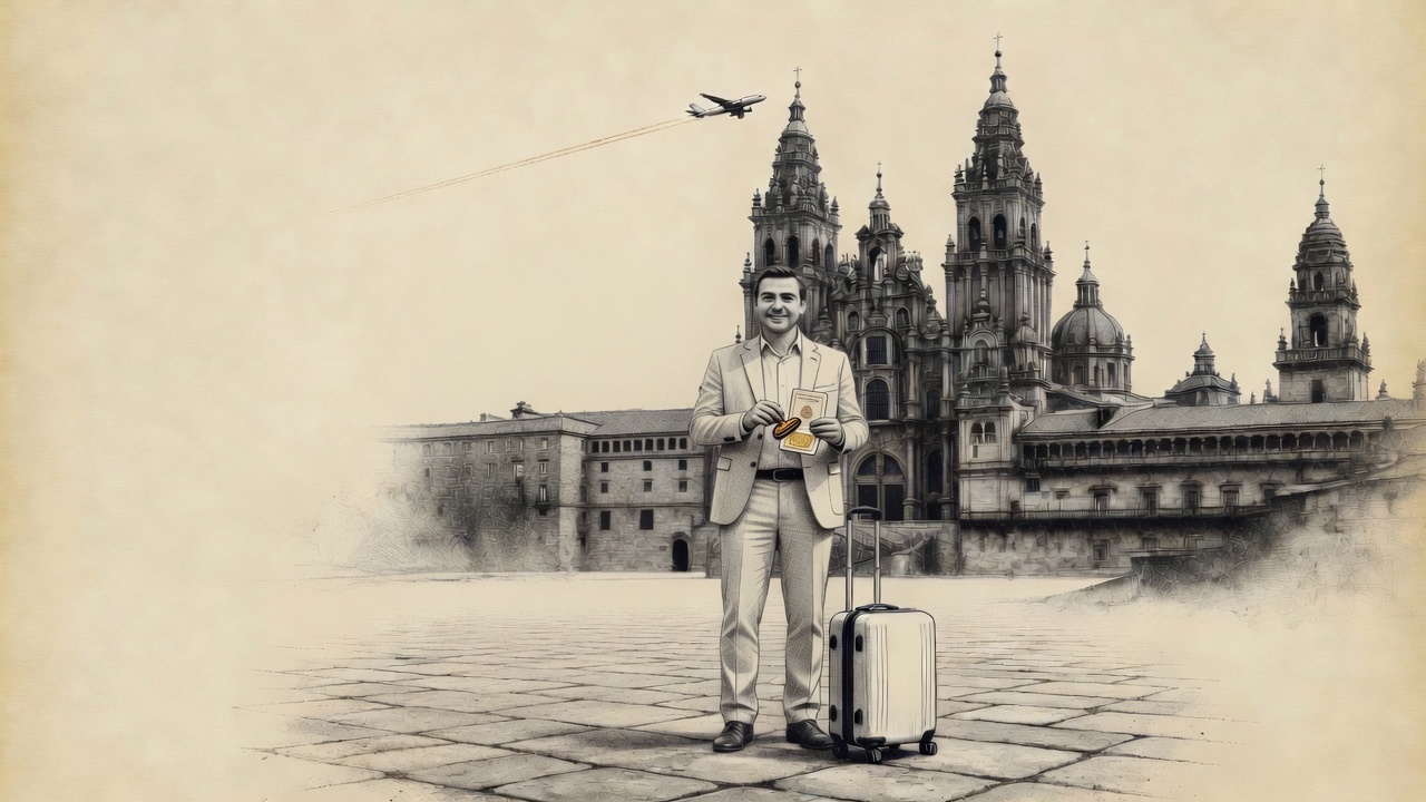 A man in a light suit, wheeled suitcase at his feet, poses in front of the cathedral of Santiago holding up a pilgrim's credential struck with a golden stamp, a plane crossing the sky