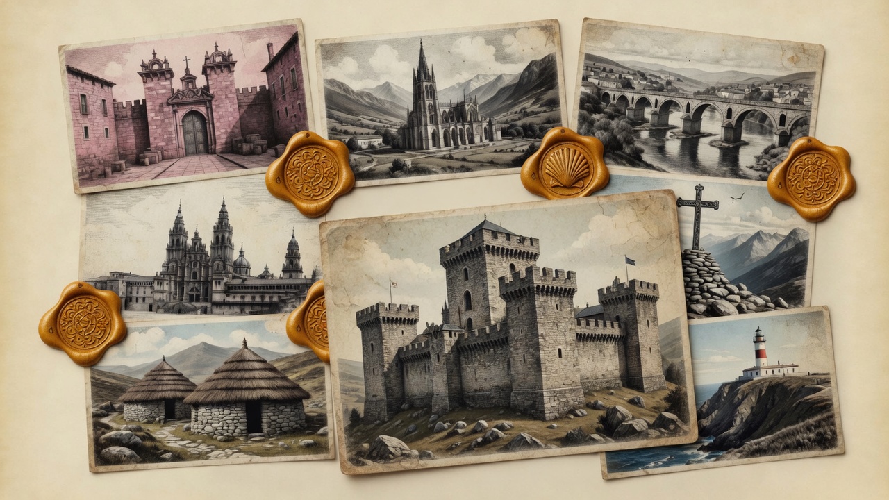 Mosaic of vintage postcards of the Camino Francés stages — cathedrals, a Roman bridge, a castle, stone huts, a lighthouse — sealed with golden scallop-shaped wax stamps
