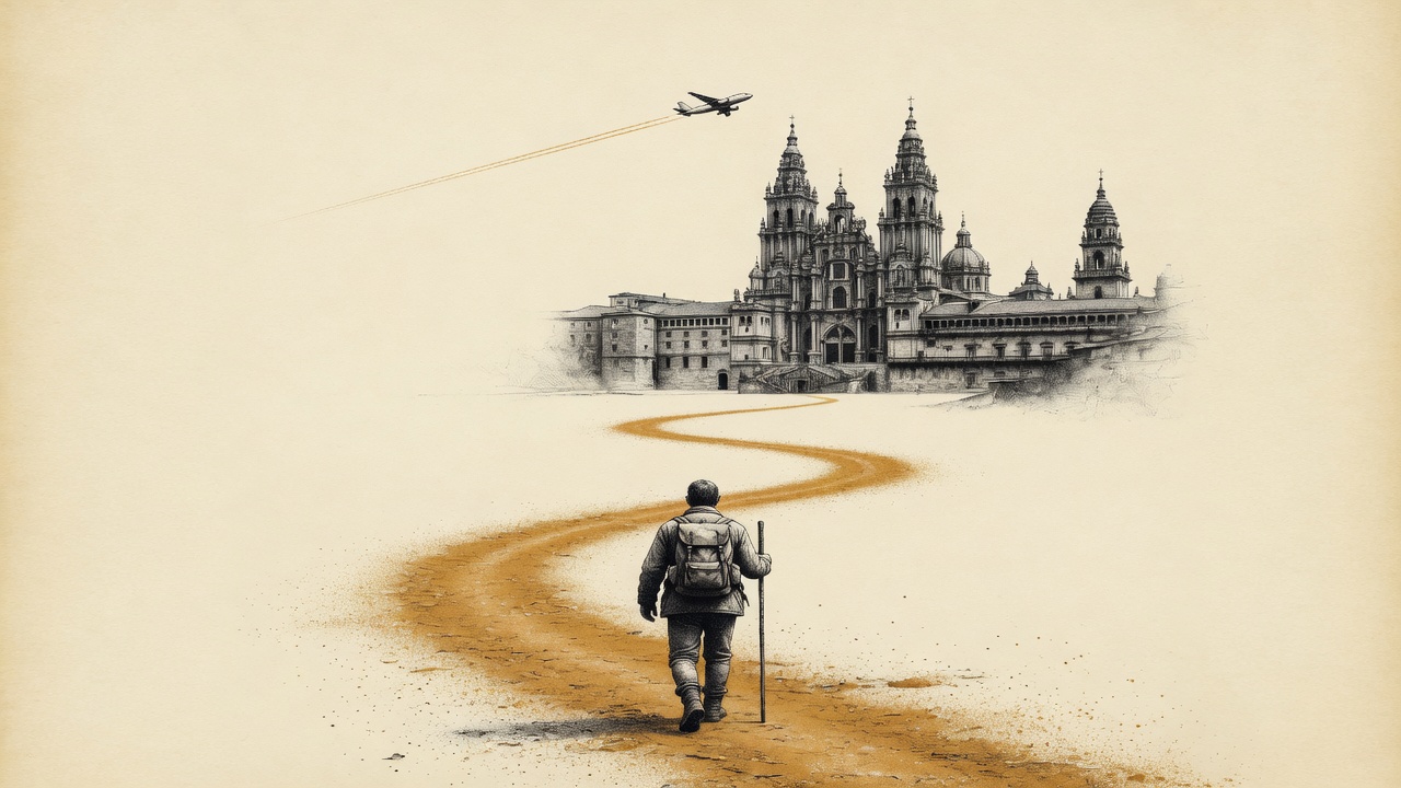 A walker with pack and staff moves alone along an ochre dirt path towards the cathedral of Santiago, while an aircraft draws its trail in the sky above him, editorial engraving on parchment