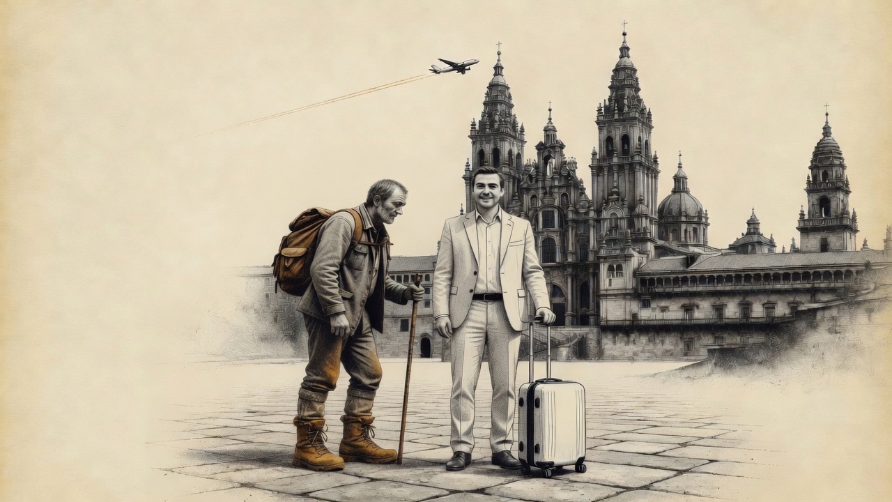 Arrival photograph in front of the cathedral of Santiago: an exhausted walker with worn pack, staff and earth-stained boots, standing beside a traveller in an immaculate suit holding his wheeled suitcase, the plane still in the sky
