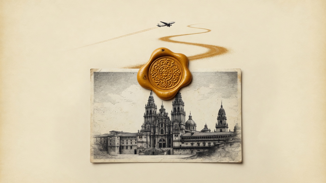 A golden wax seal pressed onto a postcard of the cathedral of Santiago, the aircraft's trail continuing above the card as a winding dirt path